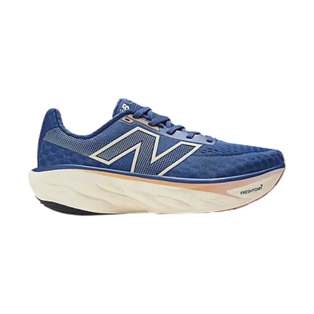 Blue running shoe with white oversized midsole and side logo, shown in profile