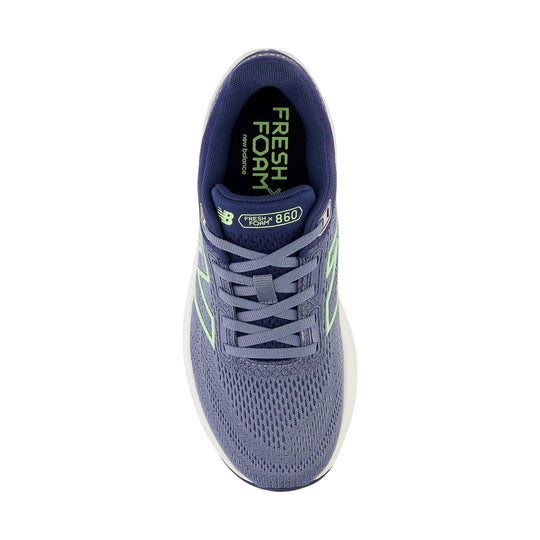 Purple and gray running shoe with lime accents, top view, showing Fresh Foam 860 branding
