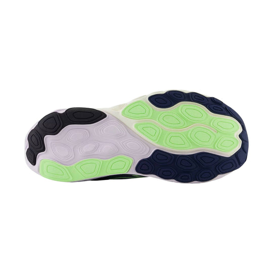 Running shoe outsole with navy, lime green, and light lavender traction pods