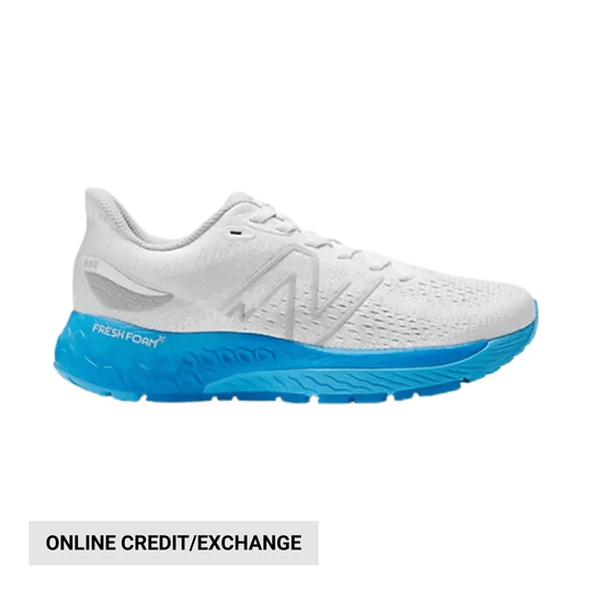 White running shoe with bright blue sole and heel, shown in side profile