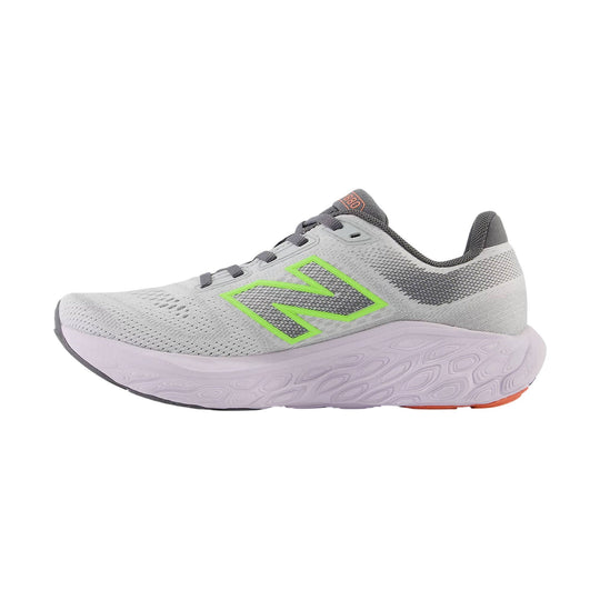 Gray running shoe with neon green side logo, dark laces, and a light lavender sole.
