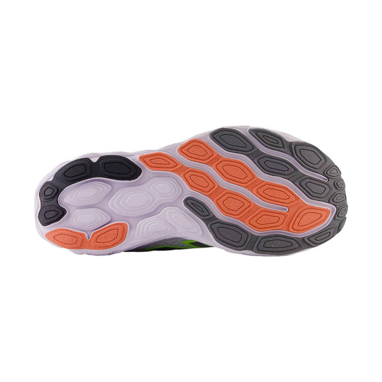 Color-blocked running shoe outsole with black, gray, lavender, orange, and lime green tread pods