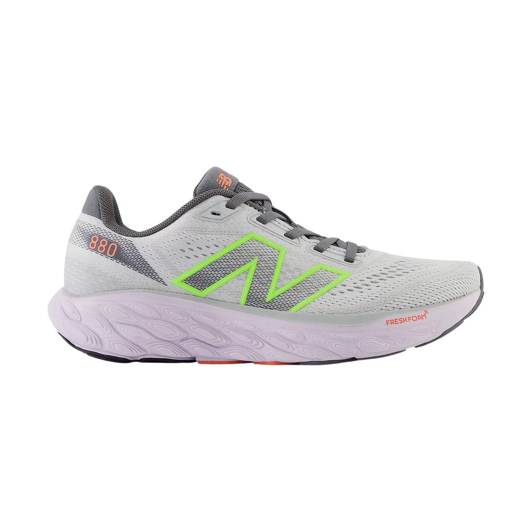 Light gray running shoe with neon green side logo, gray laces, and a pale lavender sole