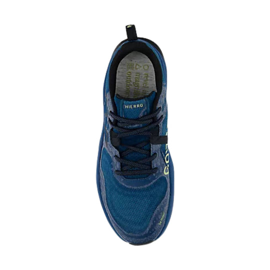 Blue trail running shoe with black laces and HIERRO text on the tongue, top view