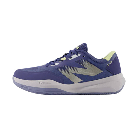 Purple low-top tennis shoe with silver side logo, white midsole, and lime green collar lining