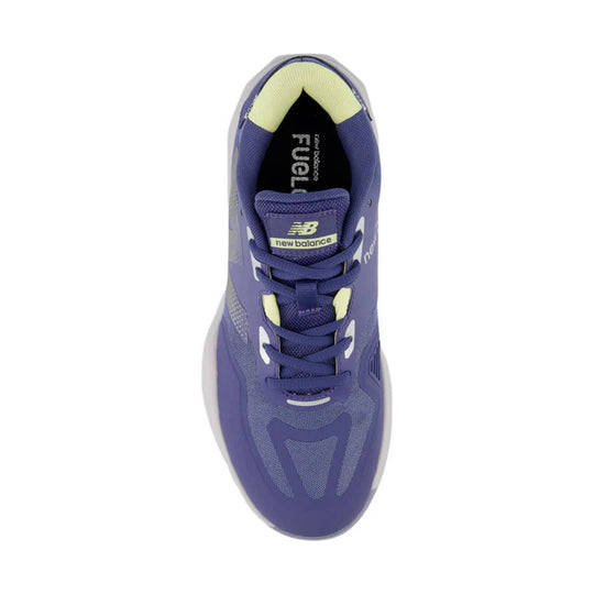 Purple tennis shoe with neon yellow collar and New Balance branding, seen from above