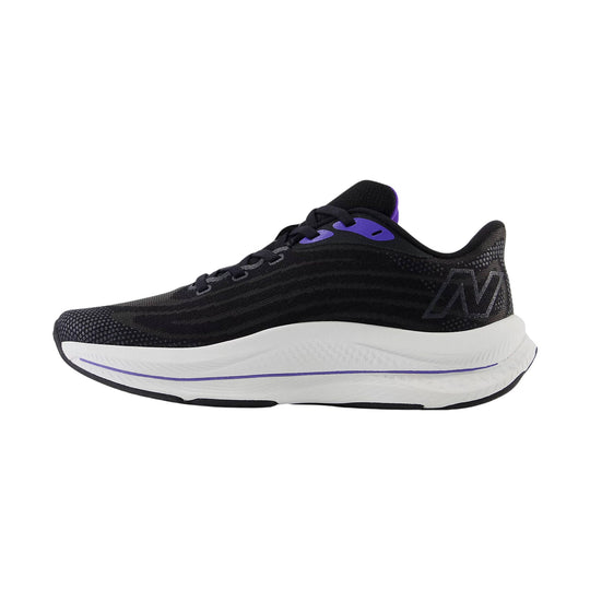 Black low-top running shoe with white foam sole and purple accents