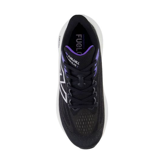 Black walking shoe with white sole and purple accents, shown from above