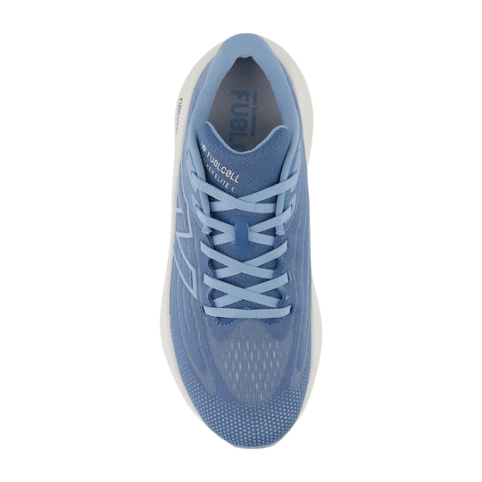 Light blue athletic walking shoe with bungee-style laces and a white sole, shown from above