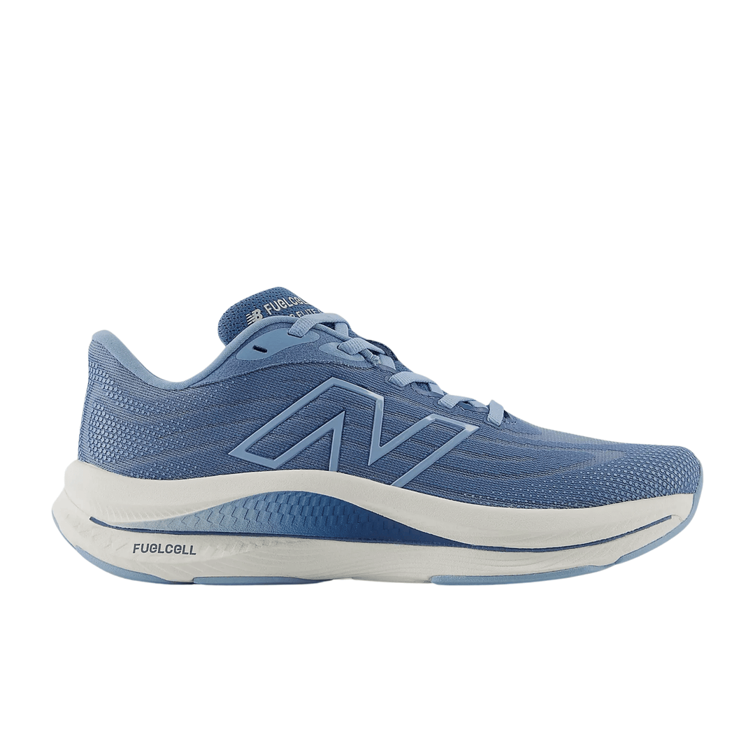 Blue athletic walking shoe with white foam sole, side logo, and FUELCELL text