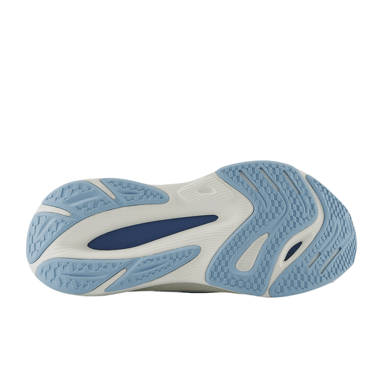 Light blue and white sneaker outsole with textured rubber traction pods and dark blue midfoot insert