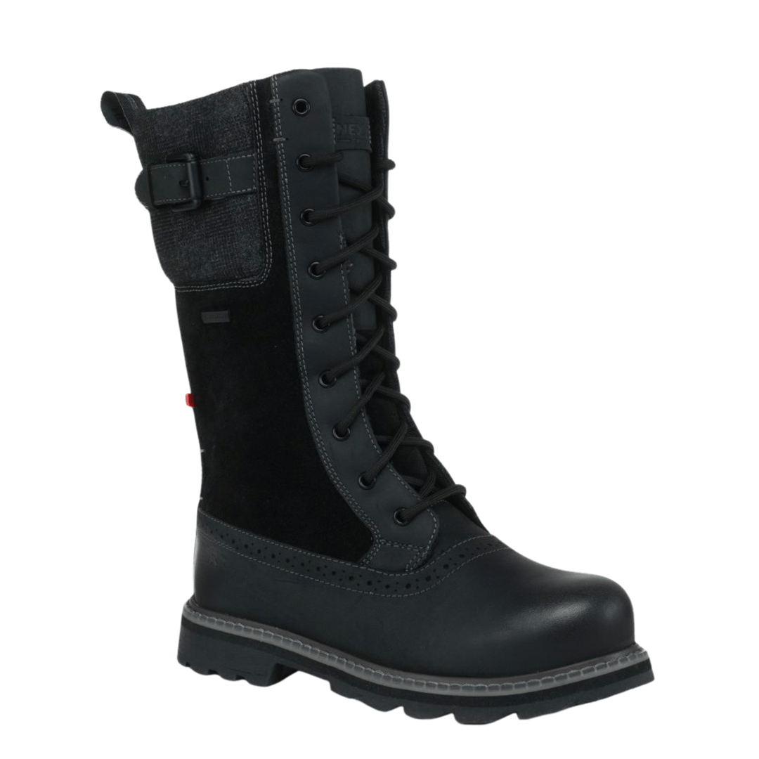 Black tall lace-up winter boot with side buckle strap and thick lug sole