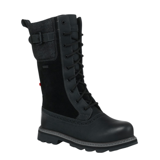 Black tall lace-up winter boot with side buckle strap and thick lug sole