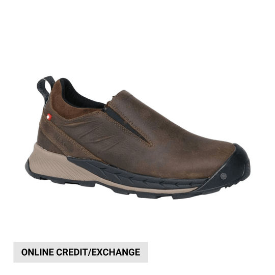 Brown slip-on winter shoe with black toe cap, textured sole, and heel pull tab