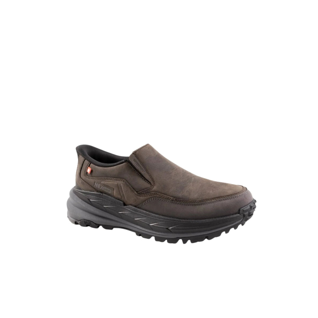Brown slip-on winter shoe with black sole and rugged tread, shown in side view