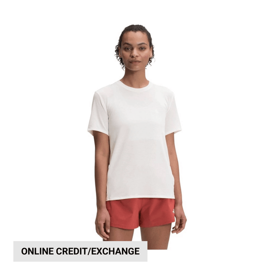 White short-sleeve crewneck T-shirt on a model with a banner reading “ONLINE CREDIT/EXCHANGE”