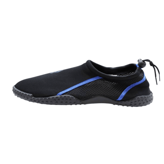 Black water shoe with blue side trim, mesh panels, and a drawstring collar