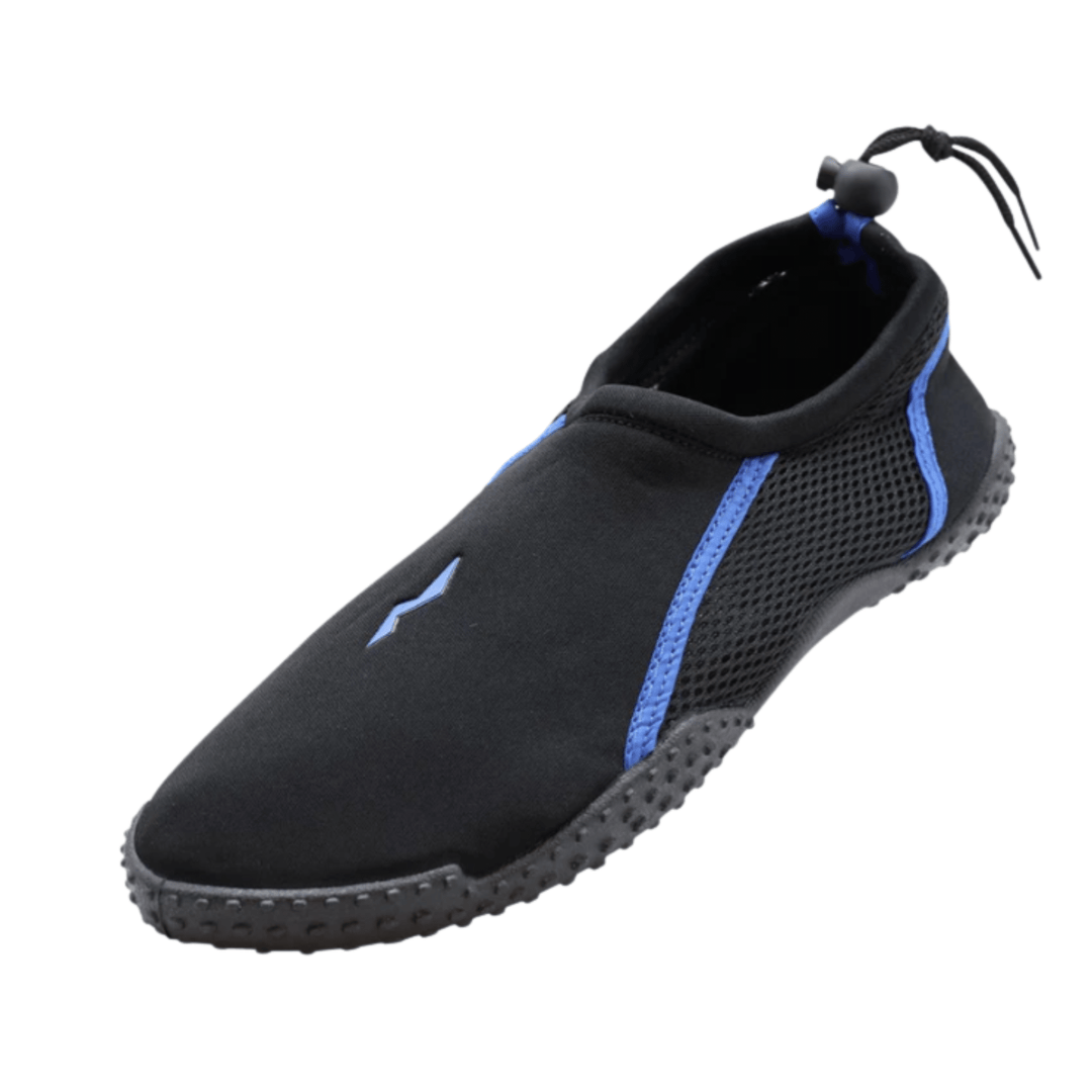 Black water shoe with blue trim, mesh side panels, and a bungee cord closure