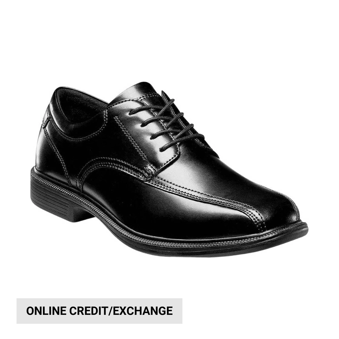 Black lace-up dress shoe with smooth leather finish and low heel
