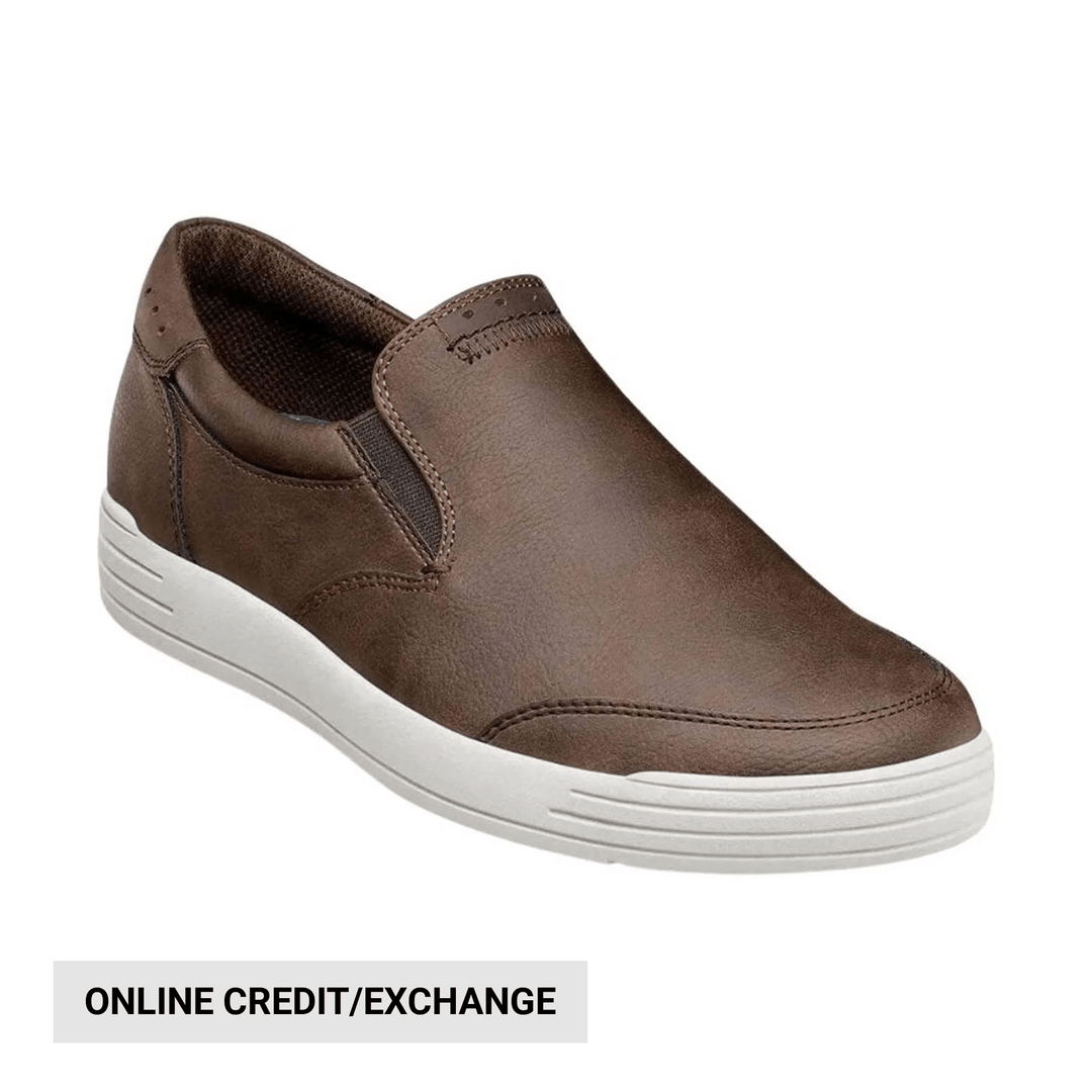 Brown slip-on shoe with a white sole and visible side elastic panels
