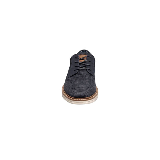 Navy knit lace-up oxford shoe with tan collar and white sole, shown from the front