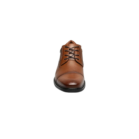 Brown leather cap-toe oxford shoe with black laces, shown from the front on a white background