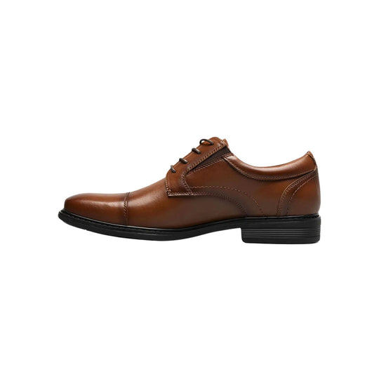 Brown leather lace-up oxford shoe with black sole, side view