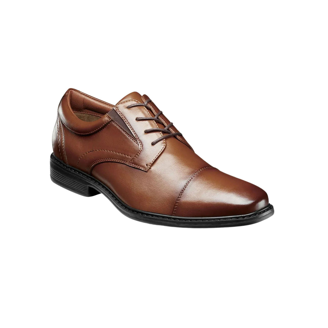 Brown leather cap-toe oxford dress shoe with dark sole and laces