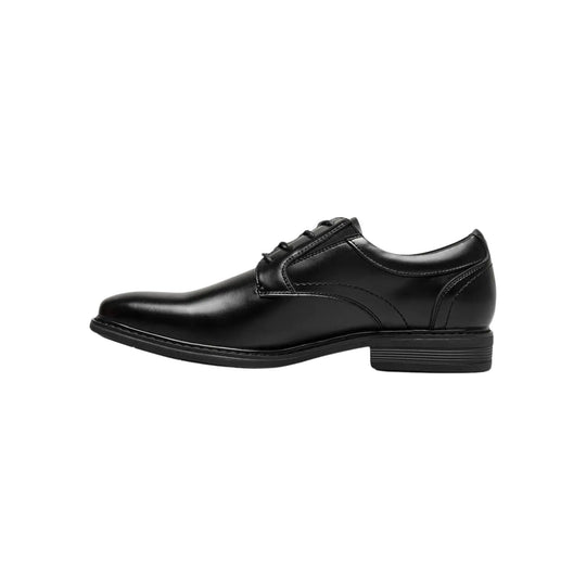 Black leather oxford dress shoe with laces, low heel, and side profile