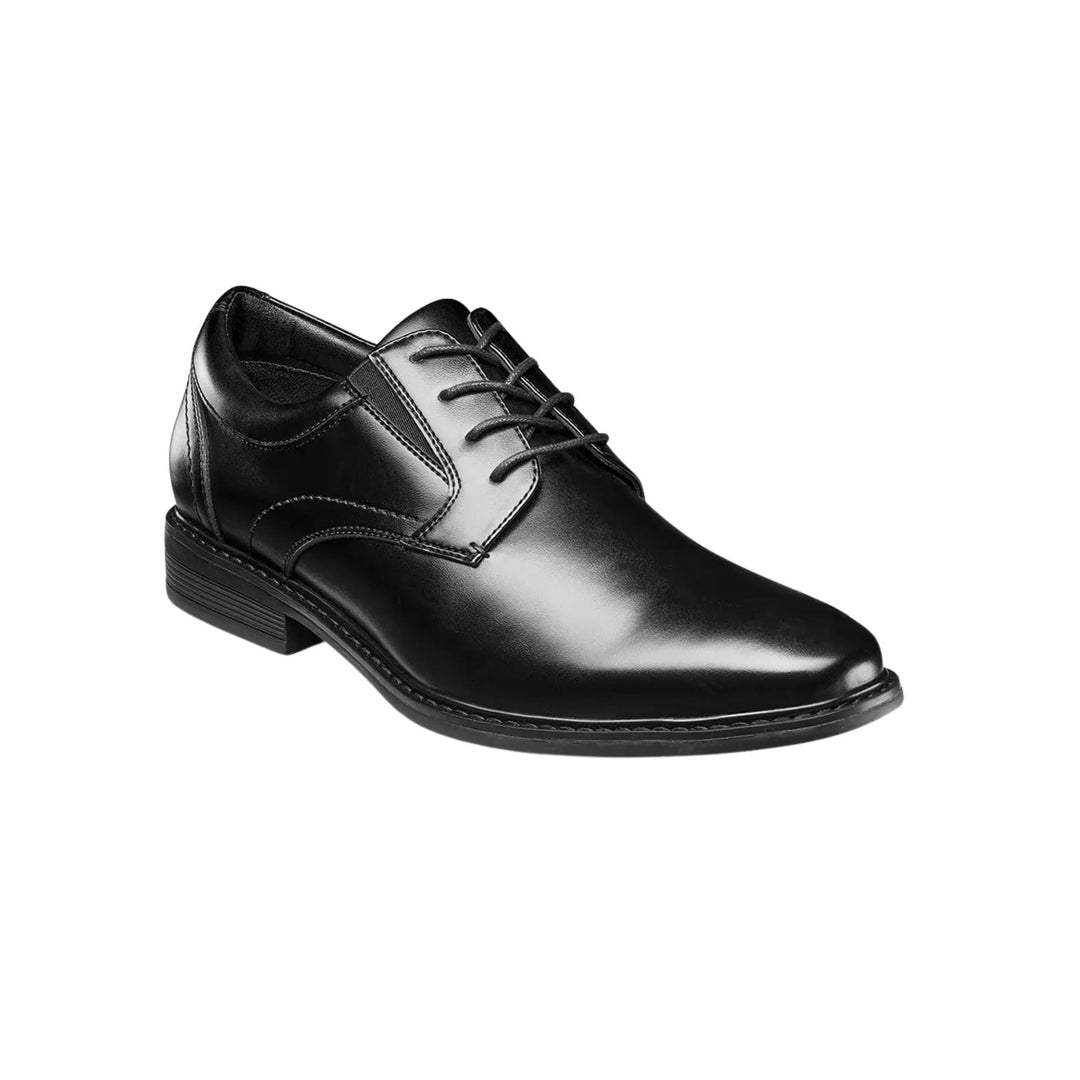 Black leather dress shoe with lace-up closure and low heel