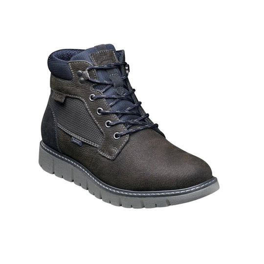 Dark lace-up ankle work boot with padded collar, textured side panels, and a gray lug sole