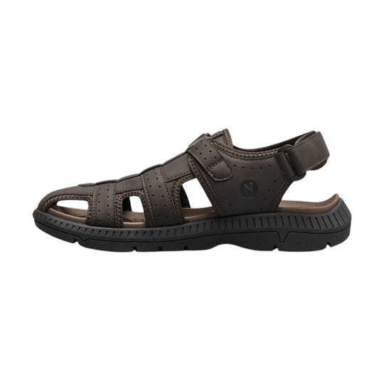 Brown closed-toe sandal with perforated straps, side cutouts, and a thick treaded sole