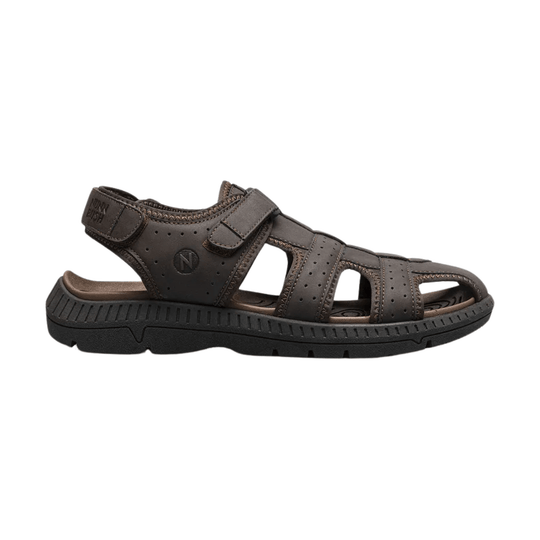 Brown closed-toe sandal with wide adjustable straps, side cutouts, and a chunky black sole