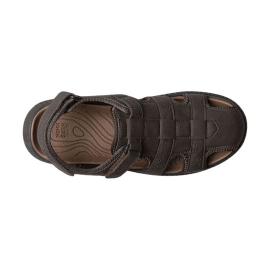 Brown closed-toe leather sandal with adjustable straps and a cushioned footbed, top view