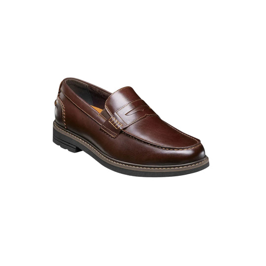 Brown leather penny loafer with moc toe and black rubber sole
