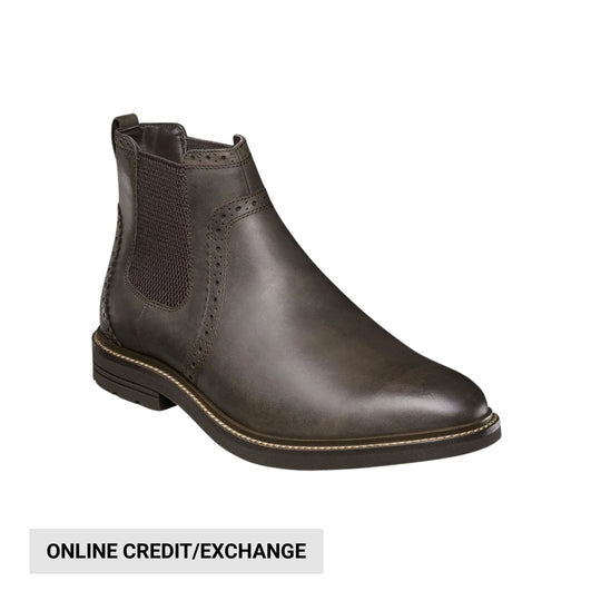 Brown leather Chelsea boot with elastic side panel and pull tab, shown in side view