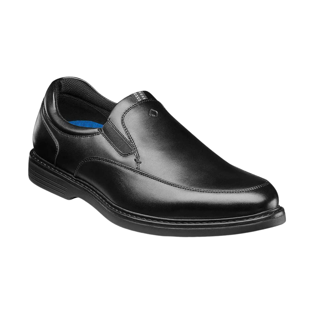 Black slip-on dress shoe with a rounded toe and low heel
