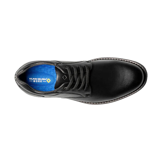 Black lace-up work shoe with a smooth toe and blue insole