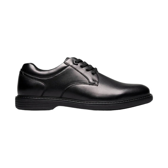Black leather plain-toe oxford dress shoe with laces and a low heel, side view