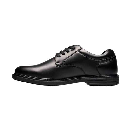 Black leather lace-up oxford dress shoe with a plain toe and low heel