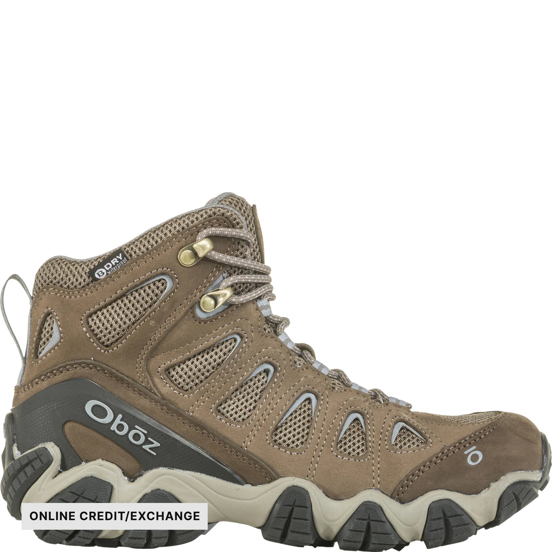 Brown mid-height hiking boot with mesh panels, bungee laces, and a rugged treaded sole, shown in side view