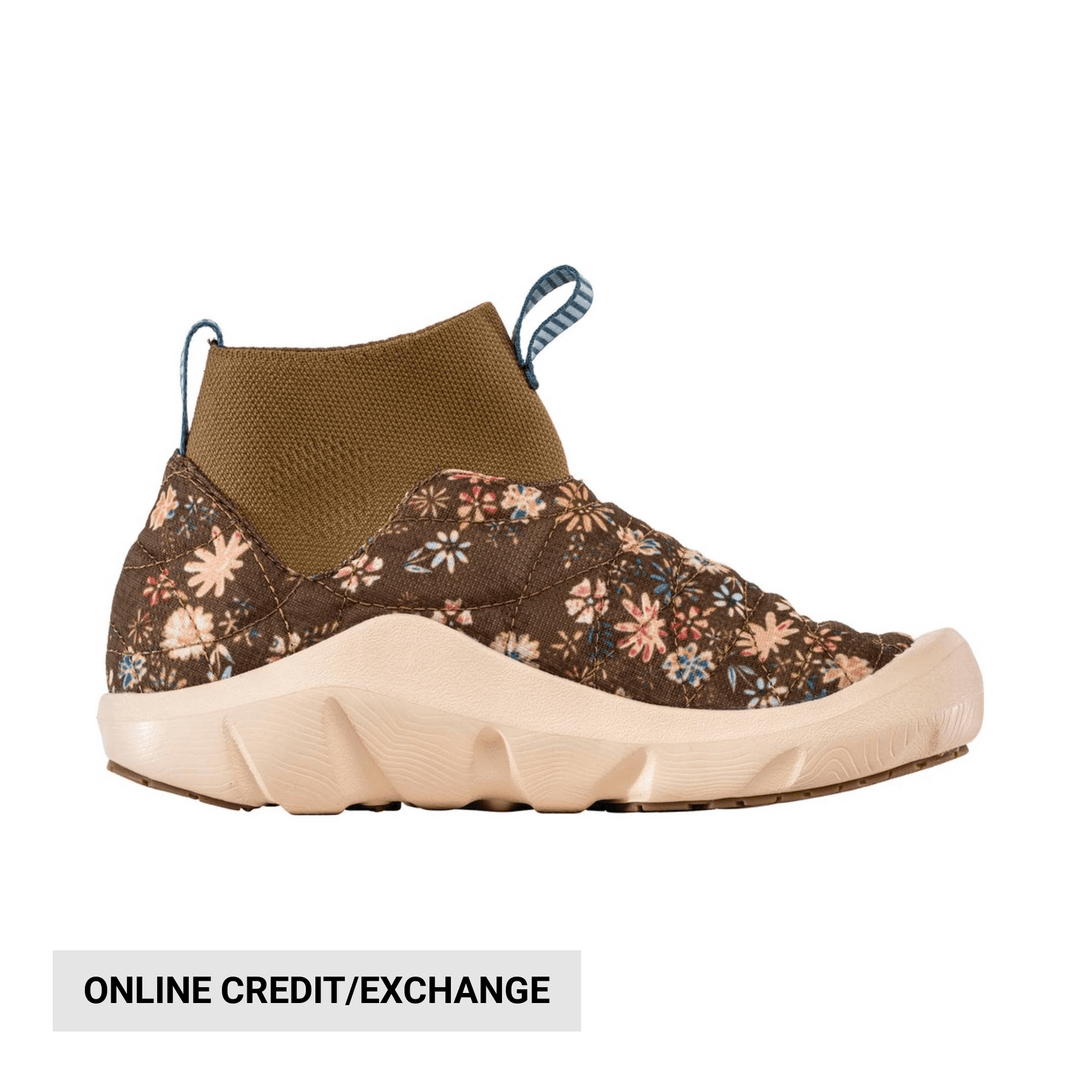 Brown floral mid-top boot with a cream chunky sole and blue pull tabs
