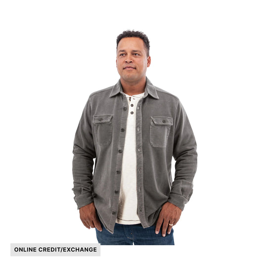 Gray long-sleeve button-up shirt over a white henley and jeans, with ONLINE CREDIT/EXCHANGE text
