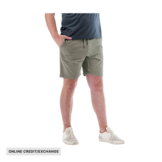 Olive pull-on knit shorts on a model, with an "ONLINE CREDIT/EXCHANGE" label