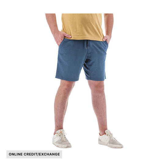 Blue pull-on knit shorts with drawstring waist on a model; text reads ONLINE CREDIT/EXCHANGE
