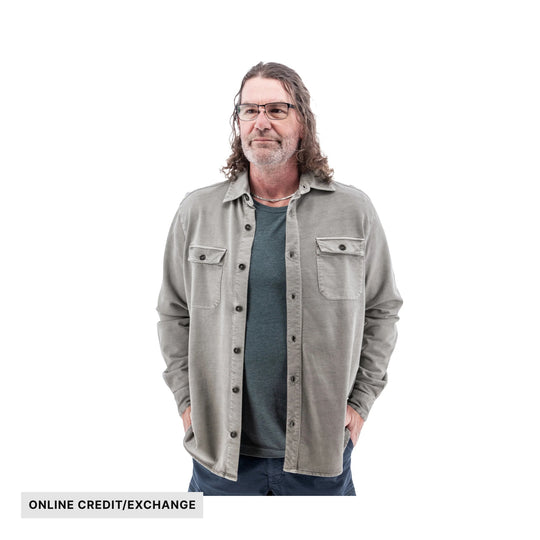 Light gray button-up overshirt worn over a dark T-shirt, with a visible "ONLINE CREDIT/EXCHANGE" label