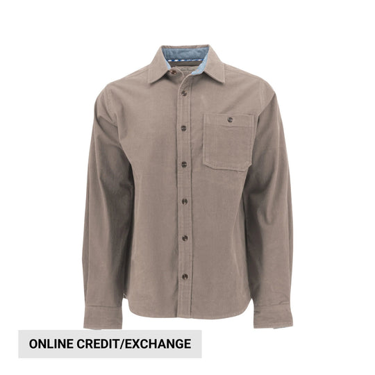 Taupe long-sleeve button-up shirt with a chest pocket and pointed collar, shown front view