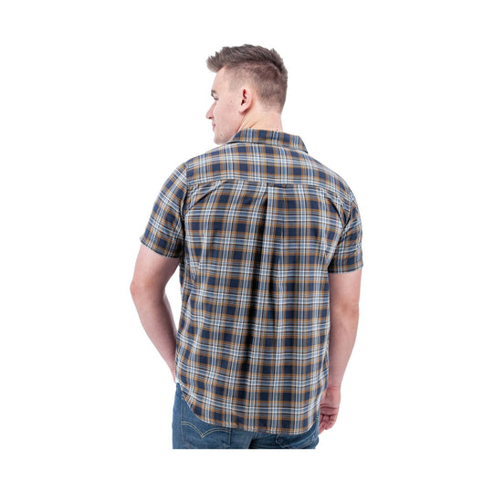Plaid short-sleeve button-up shirt shown from the back