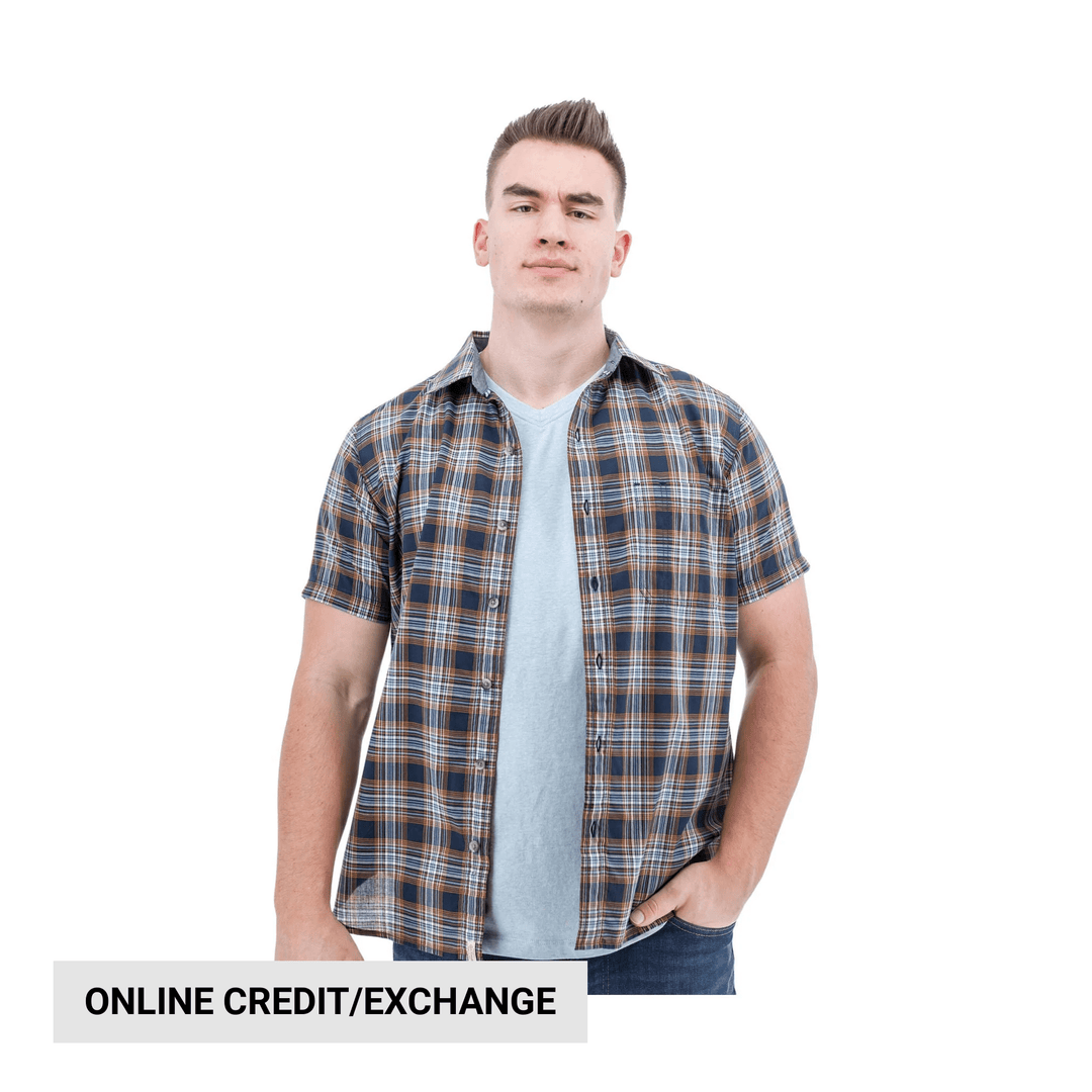 Men's short-sleeve plaid button-up shirt worn open over a light blue T-shirt