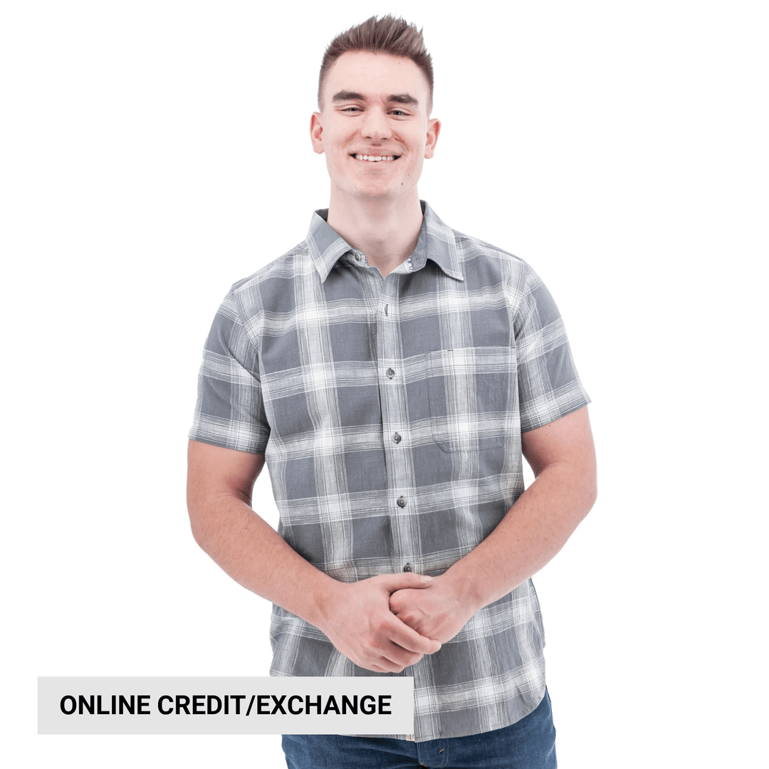 Gray plaid short-sleeve button-up shirt shown on a model, with "ONLINE CREDIT/EXCHANGE" text at the bottom